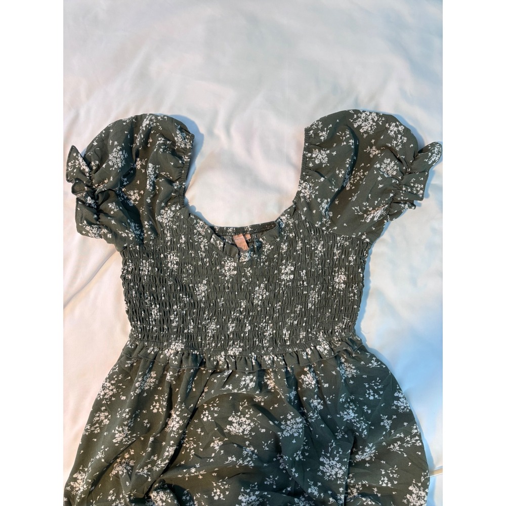 Lucky Brand Olive Green Floral Smocked Mini Dress Puff Sleeve XL